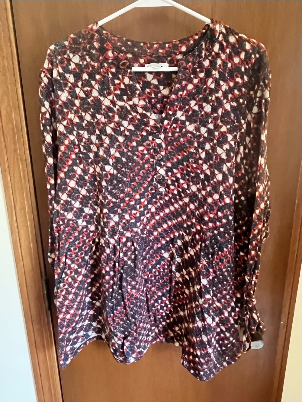 Cato Abstract Geometric Button-Front Tunic in Black, Red, Cream